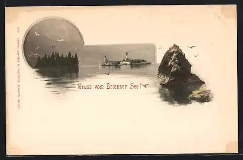 AK Brienz, Brienzer See, Partie mit Dampfer und Felsen