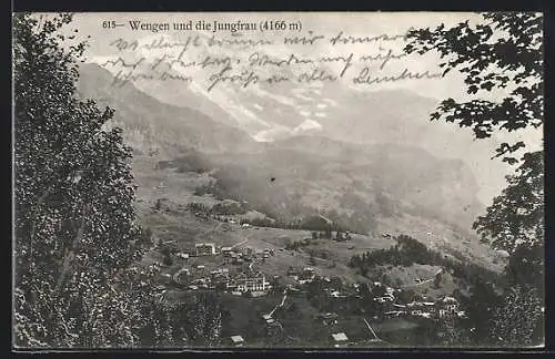 AK Wengen, Totalansicht mit Jungfrau aus der Vogelschau