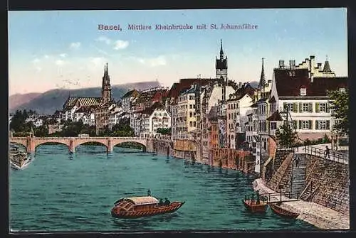 AK Basel, Mittlere Rheinbrücke mit St. Johannfähre