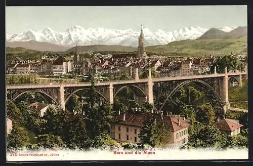AK Bern, Ortsansicht mit Viadukt und Alpenpanorama
