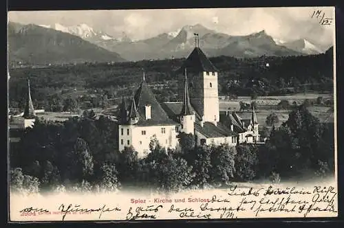 AK Spiez, Kirche und Schloss aus der Vogelschau