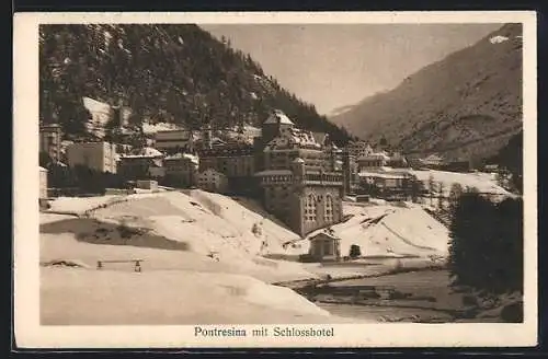 AK Pontresina, Ortspartie mit Schlosshotel im Winter