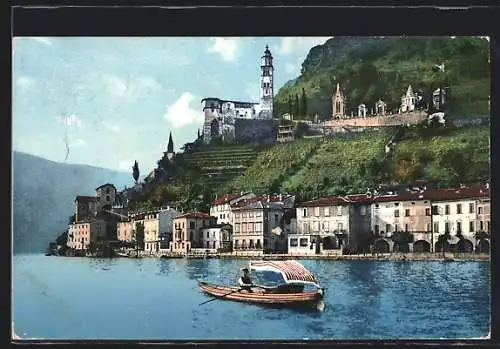 AK Morcote, Ruderboot auf dem Lago di Lugano vor Küstenpanorama