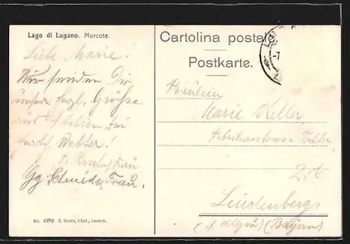 AK Morcote, Ruderboot auf dem Lago di Lugano vor Küstenpanorama