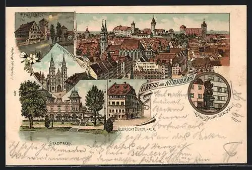 Lithographie Nürnberg, Henkersteg, Lorenzkirche, Stadtpark