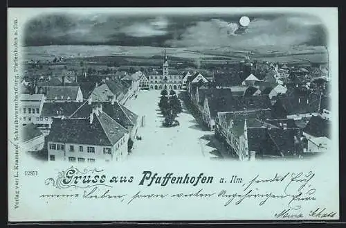 Mondschein-AK Pfaffenhofen / Ilm, Strassenpartie mit Rathaus