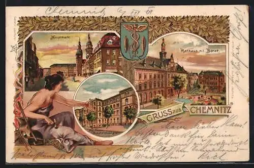 Lithographie Chemnitz, Rathaus mit Börse, Hauptmarkt, Kgl. Techn. Staatslehranstalt