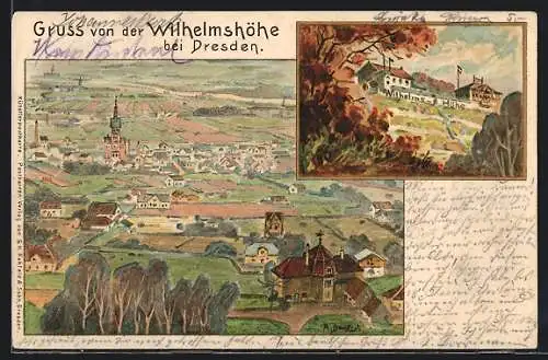 Künstler-Lithographie Dresden-Pappnitz, Gasthaus Wilhelmshöhe, Ortsansicht