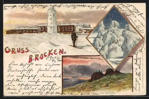 Winter-Lithographie Brocken, Tannengruppe im Winter, Gewitter, Ortspartie mit einem Skifahrer