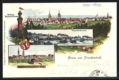 Künstler-AK Freudenstadt, Villenkolonie, Ortsansicht im Jahre 1643, Herzog Friedrich Thurm