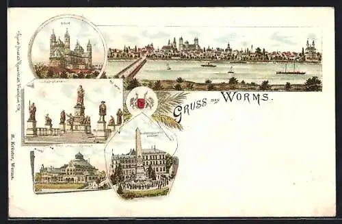 Lithographie Worms, Panorama der Stadt, Dom, Spiel- und Festhaus