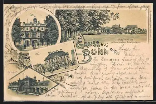 Lithographie Bonn a. Rh., Post, Bahnhof, Coblenzer Thor