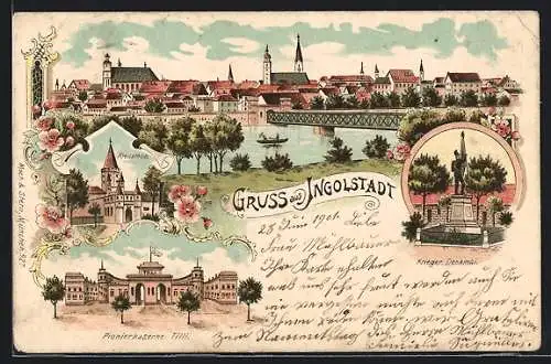 Lithographie Ingolstadt, Ortsansicht, Pionierkaserne Tilli, Kriegerdenkmal und Kreuztor