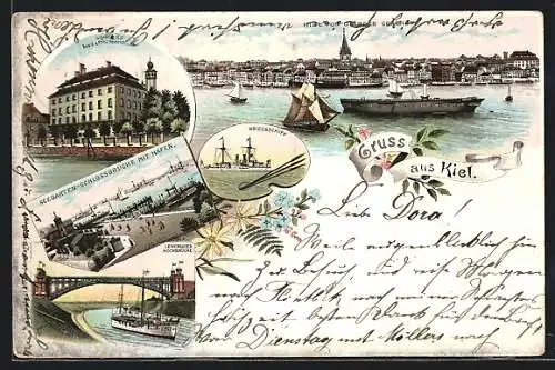 Lithographie Kiel, Seegarten-Schlossbrücke mit Hafen, Lewensauer Hochbrücke, Kriegsschiff