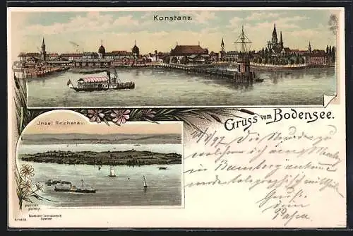 Lithographie Konstanz, Ortsansicht mit Hafen, Insel Reichenau
