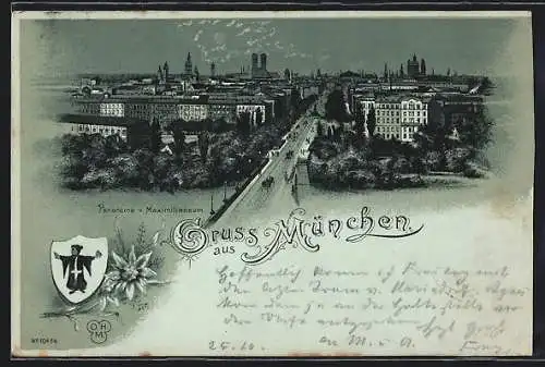 Lithographie München, Panoramaansicht der Stadt vom Maximilianeum aus, Münchner Kindl