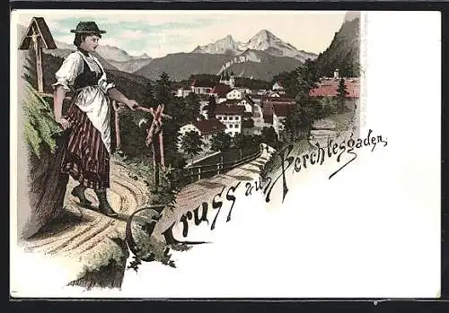 Lithographie Berchtesgaden, Frau in Tracht gegen Ort