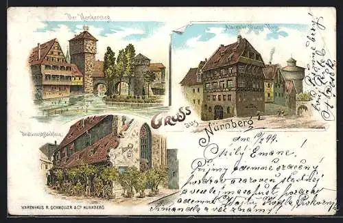 Lithographie Nürnberg, Henkersteg, Gasthaus Bratwurstglöcklein, Albrecht Dürer Haus