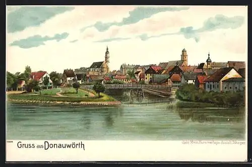 Lithographie Donauwörth, Stadtpartie an der Donau mit Brücke