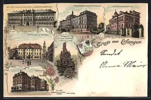 Lithographie Erlangen, Augenklinik, Schloss, Physikalisches Institut