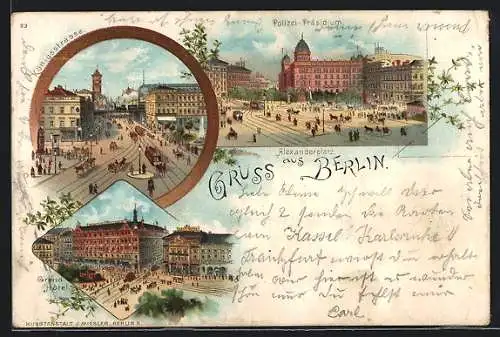 Lithographie Berlin, Alexanderplatz, Königstrasse mit Strassenbahn, Polizei-Präsidium, Grand-Hotel