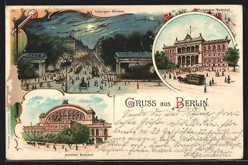 Lithographie Berlin, Anhalter Bahnhof, Potsdamer Bahnhof und Leipziger Strasse, Pferdebahnen