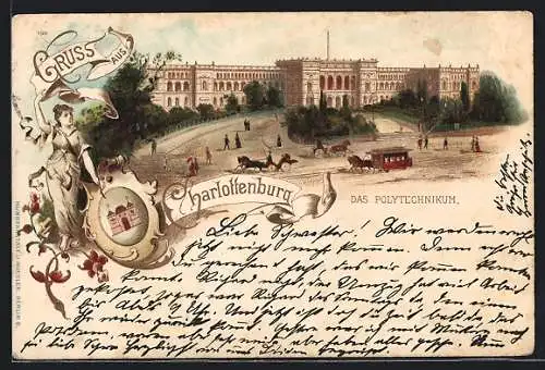 Lithographie Berlin-Charlottenburg, Ortsansicht m. Pferdebahn