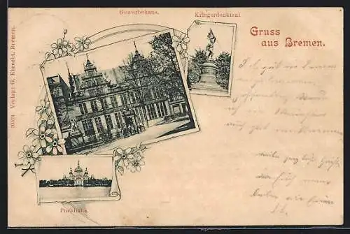AK Bremen, Gewerbehaus, Kriegerdenkmal, Parkhaus