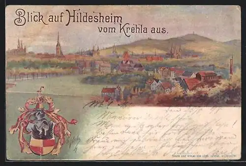 Künstler-AK Hildesheim, Gesamtansicht der Stadt mit Blick von Krehla