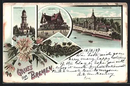 Lithographie Bremen, Meierei, Parkhaus, Wall-Ansicht, Blumen