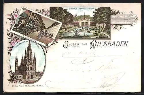 Lithographie Wiesbaden, Colonnaden, Curhaus Vorder-Ansicht, Evangelische Hauptkirche