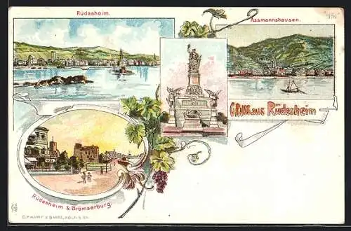 Lithographie Rüdesheim / Rhein, Denkmal, Assmannshausen, Niederwald, Brömserburg