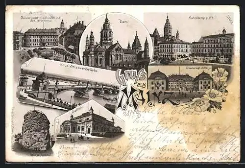 Lithographie Mainz, Stadthalle, Grossherzogliches Schloss, Dom