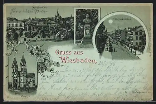 Mondschein-Lithographie Wiesbaden, Kochbrunnen, Maria-Hilf-Kirche, Tunusstrasse, Bodenstedt-Denkmal