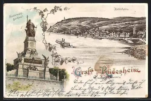 Lithographie Rüdesheim / Rhein, Teilansicht, Niederwald-Denkmal