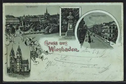 Mondschein-Lithographie Wiesbaden, Kochbrunnen, Maria-Hilf-Kirche, Bodenstedt-Denkmal