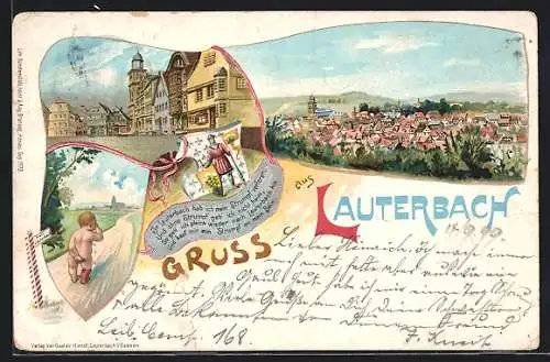 Lithographie Lauterbach / Hessen, Panorama, nacktes Kind mit Strumpf