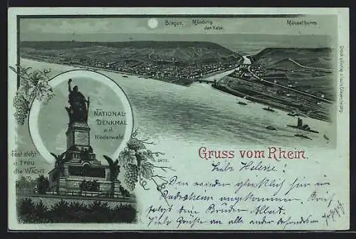 Lithographie Rüdesheim, National-Denkmal auf dem Niederwald, Totale mit Blick auf Bingen