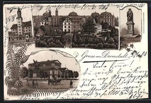 Lithographie Darmstadt, Theater und Kriegerdenkmal, Blick zum Schloss, Landgraf Philipp der Grossmütige