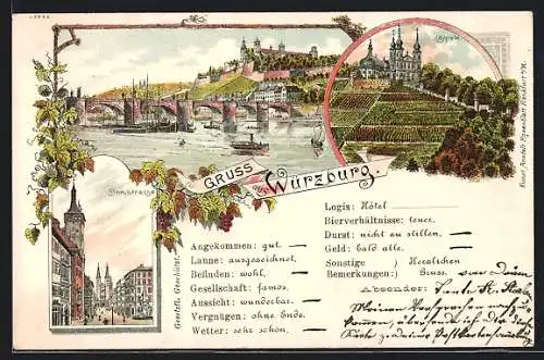 Lithographie Würzburg, Uferpartie mit Brücke, Käppele, Domstrasse