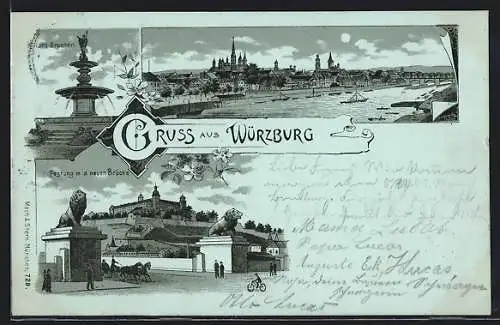 Lithographie Würzburg, Kilians-Brunnen, Festung mit der neuen Brücke