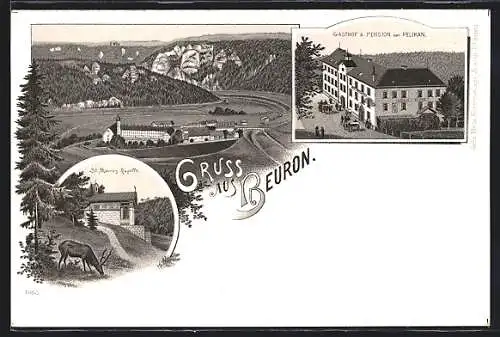 Lithographie Beuron, Ortsansicht, Gasthof zur Sonne, St. Maurus Kapelle