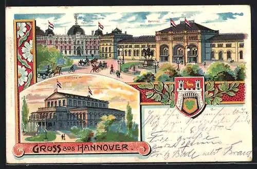 Lithographie Hannover, Bahnhof, Hoftheater, Post, Wappen