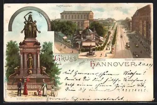 Lithographie Hannover, Hoftheater & Café Kröpke auf der Georgenstrasse & Krieger-Denkmal