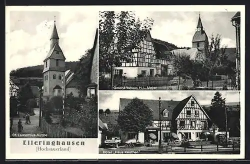 AK Elleringhausen / Sauerland, Hotel Haus Kreuthen, Geschäftshaus H. L. Meyer, Kirche