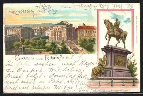 Lithographie Elberfeld, Theater, Denkmal Kaiser Wilhelm I.