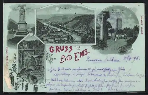 Mondschein-Lithographie Bad Ems, Gasthaus Restauration an der Bäderlei, Malbergbahn, Ortsansicht