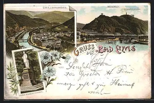 Lithographie Bad Ems, Teilansicht lahnabwärts, Bäderley & Concordiaturm, Kaiser Wilhelm Denkmal