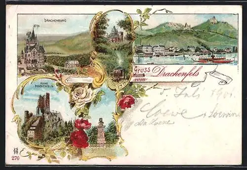 Lithographie Drachenfels, Ruine, Denkmal, Drachenburg, Panorama mit Rheindampfer