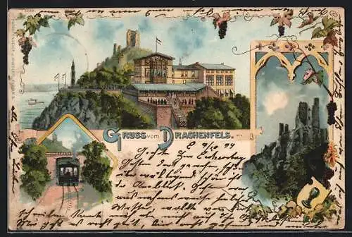 Lithographie Königswinter, Gasthaus auf dem Drachenfels